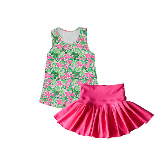 4.4 GSD2458 Baby Girls Sleeveless Green Pink Floral Top Skirt Yoga Set Pre order