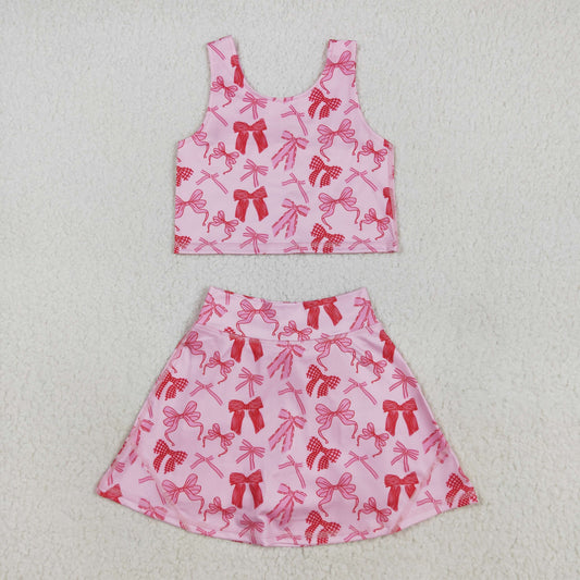 8.12 RTS NO MOQ Baby Girls Summer Kids Sets GSD2459 Sleeveless Pink Bows Top Skorts Yoga Sets