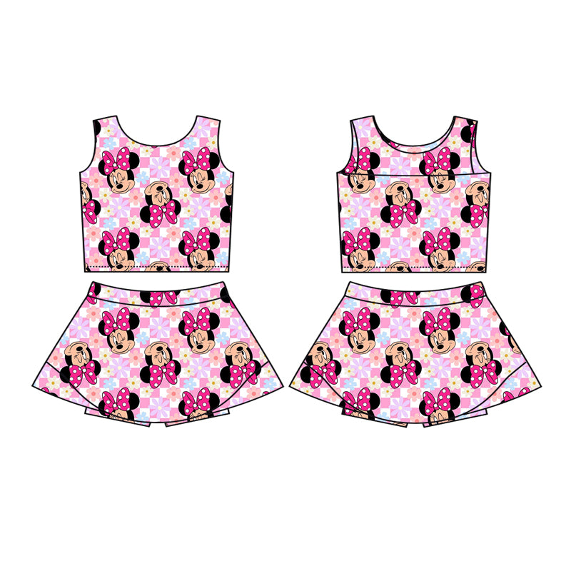4.4 GSD2460 Baby Girls Sleeveless Pink Plaid Cartoon Mouse Top Skort Yoga Set Pre order