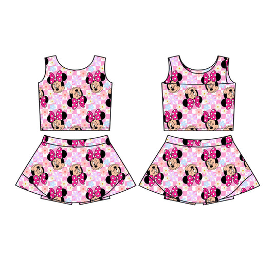 4.4 GSD2460 Baby Girls Sleeveless Pink Plaid Cartoon Mouse Top Skort Yoga Set Pre order
