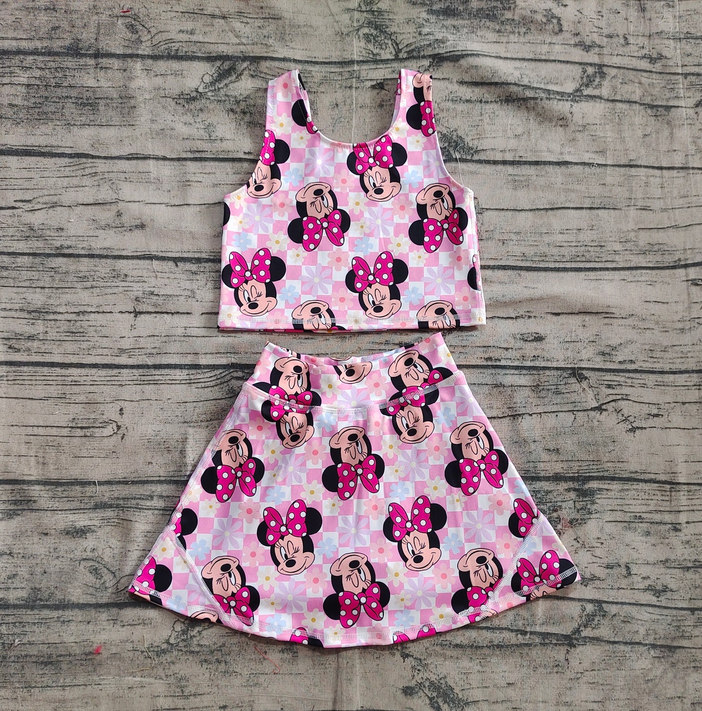 4.18 GSD2460 Baby Girls Sleeveless Pink Plaid Cartoon Mouse Top Skort Yoga Set Pre order