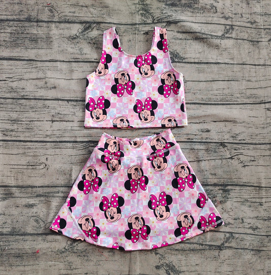 4.18 GSD2460 Baby Girls Sleeveless Pink Plaid Cartoon Mouse Top Skort Yoga Set Pre order