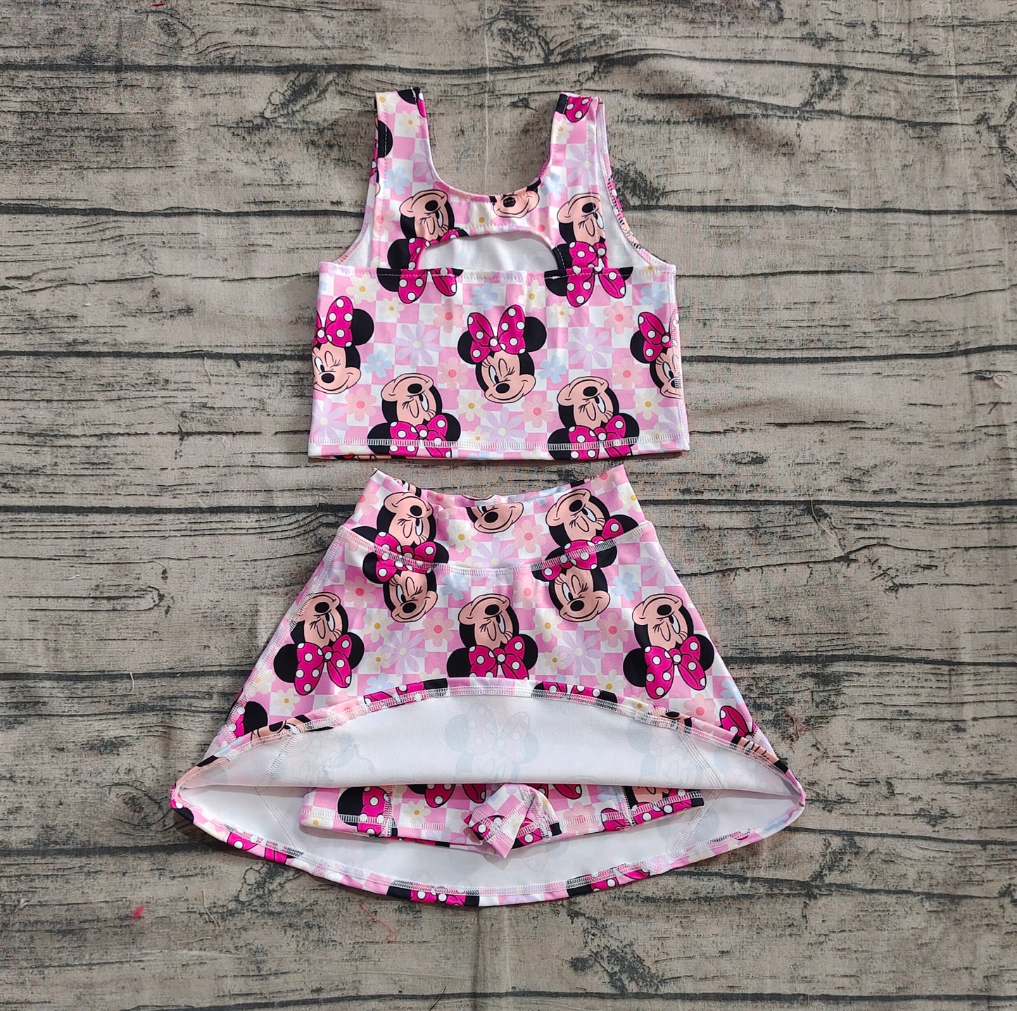 4.18 GSD2460 Baby Girls Sleeveless Pink Plaid Cartoon Mouse Top Skort Yoga Set Pre order