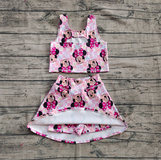 4.18 GSD2460 Baby Girls Sleeveless Pink Plaid Cartoon Mouse Top Skort Yoga Set Pre order