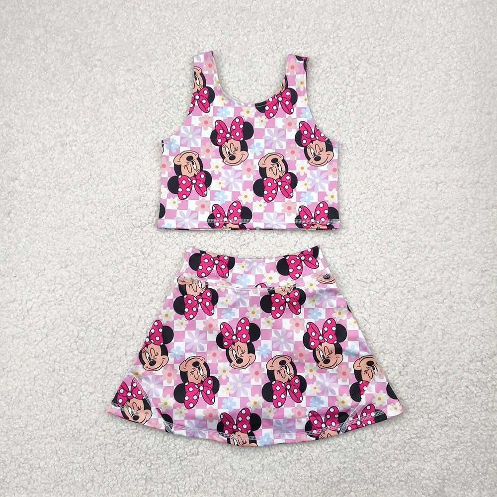 RTS NO MOQ Summer Sibling Baby Girls Sleeveless Pink Plaid Mouse Top Skort Yoga Set Knee Length Dress