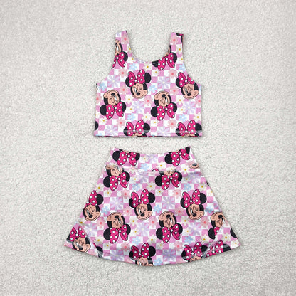RTS NO MOQ Summer Sibling Baby Girls Sleeveless Pink Plaid Mouse Top Skort Yoga Set Knee Length Dress