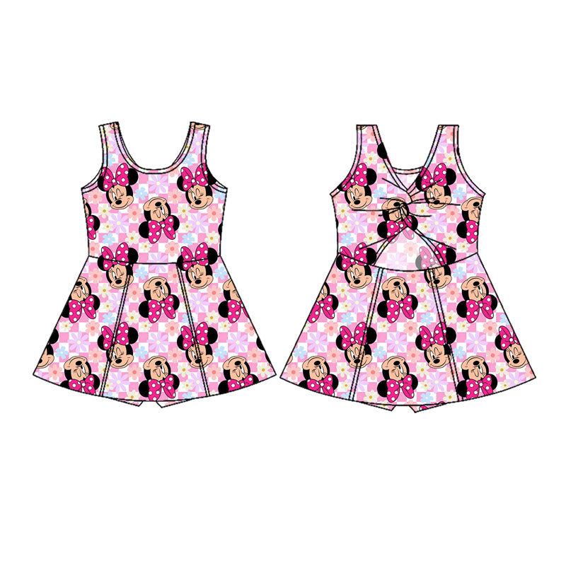 4.4 GSD2461 Baby Girls Pink Plaid Sleeveless Cartoon Mouse Yoga Skort Knee Length Dresses Pre order