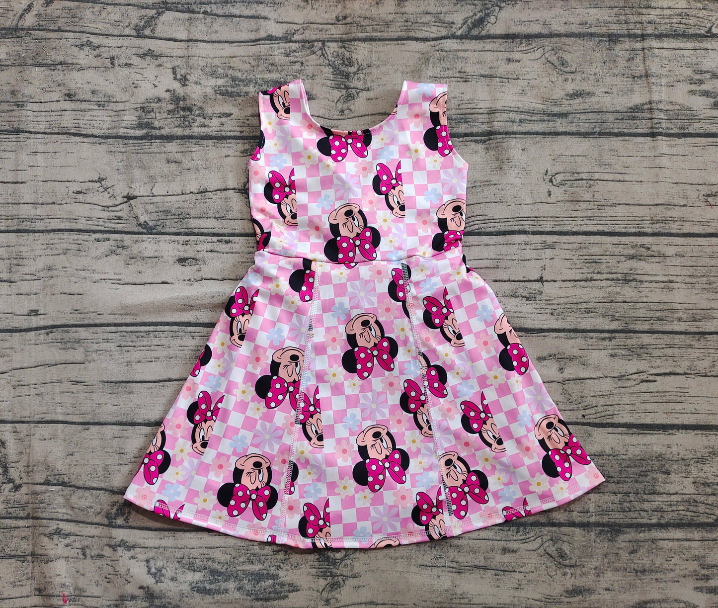 4.18 GSD2461 Baby Girls Pink Plaid Sleeveless Cartoon Mouse Yoga Skort Knee Length Dresses Pre order