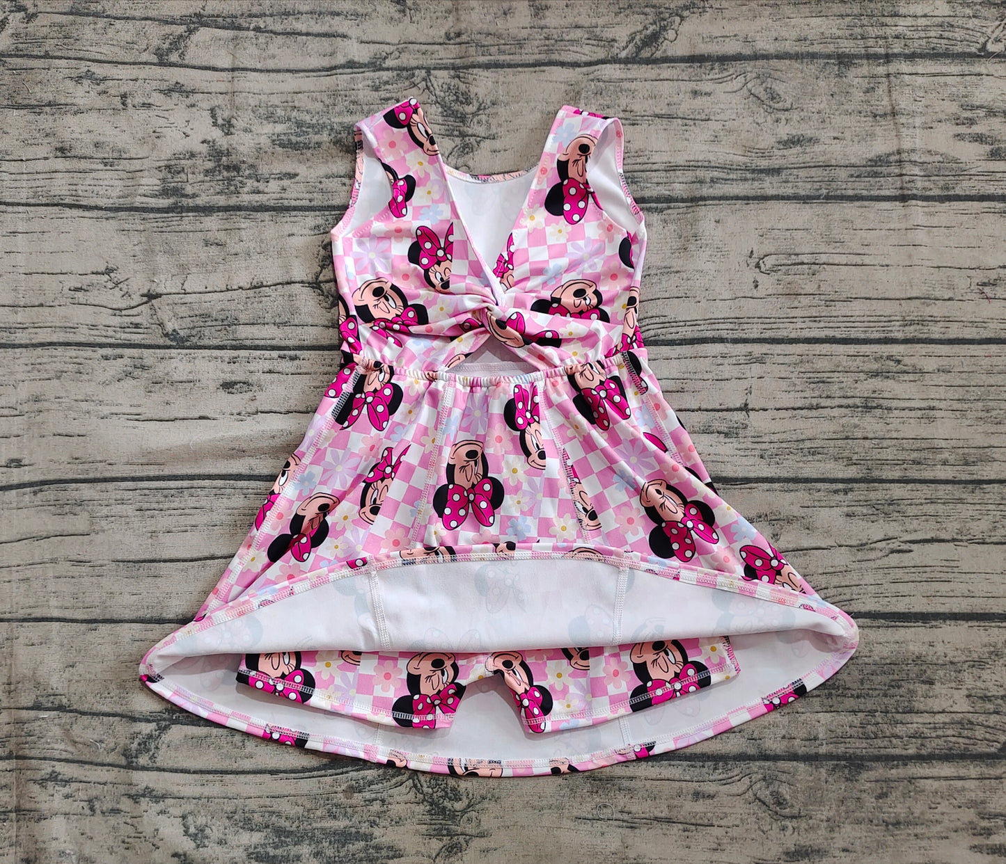 4.18 GSD2461 Baby Girls Pink Plaid Sleeveless Cartoon Mouse Yoga Skort Knee Length Dresses Pre order