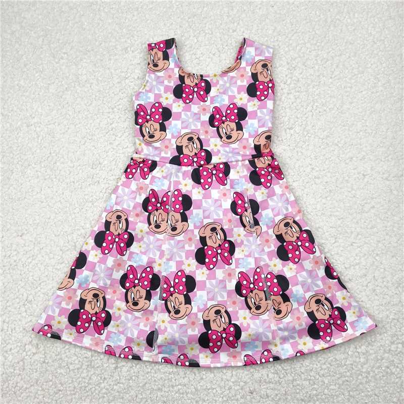 RTS NO MOQ Summer Sibling Baby Girls Sleeveless Pink Plaid Mouse Top Skort Yoga Set Knee Length Dress