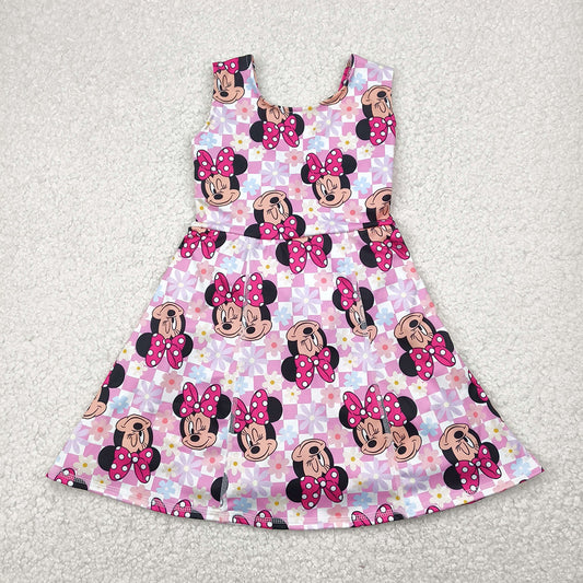 RTS NO MOQ Summer Baby Girls Dresses GSD2461 Pink Plaid Sleeveless Mouse Yoga Skort Knee Length Dresses