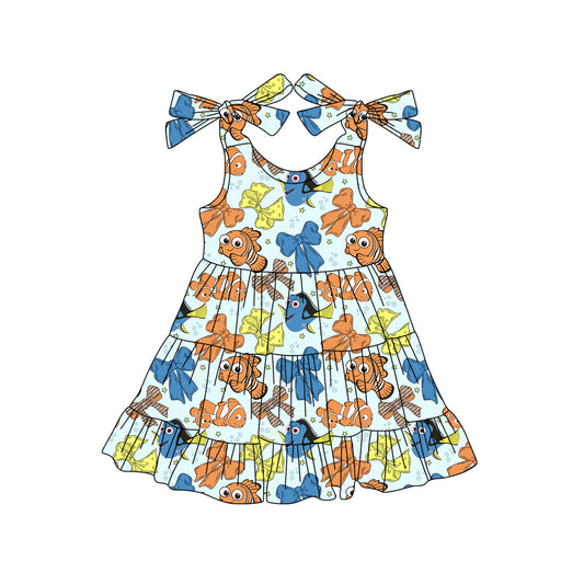 4.4 GSD2462 Baby Girls Strap Colorful Cartoon Fishes Bows Knee Length Dresses Pre order
