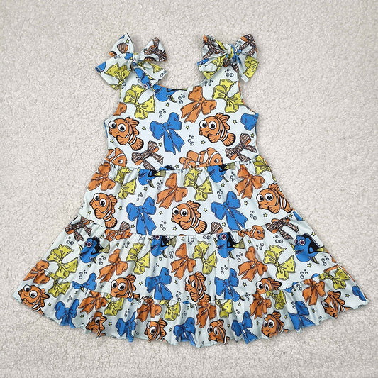 RTS NO MOQ Summer Baby Girls Dresses GSD2462 Strap Colorful Cartoon Fishes Bows Knee Length Dresses