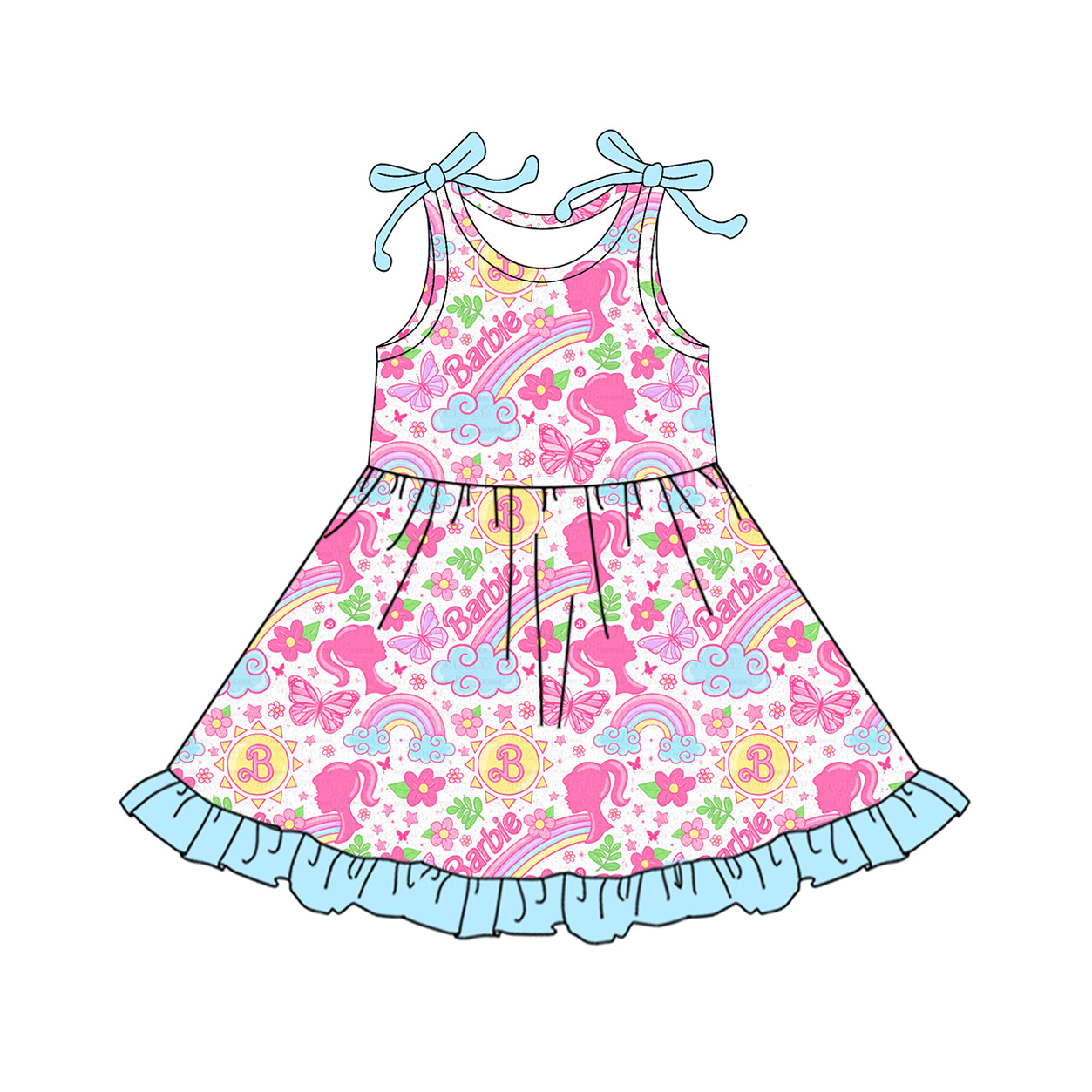 4.4 GSD2463 Baby Girls Strap Pink Flowers Cartoon Dolls Knee Length Dresses Pre order