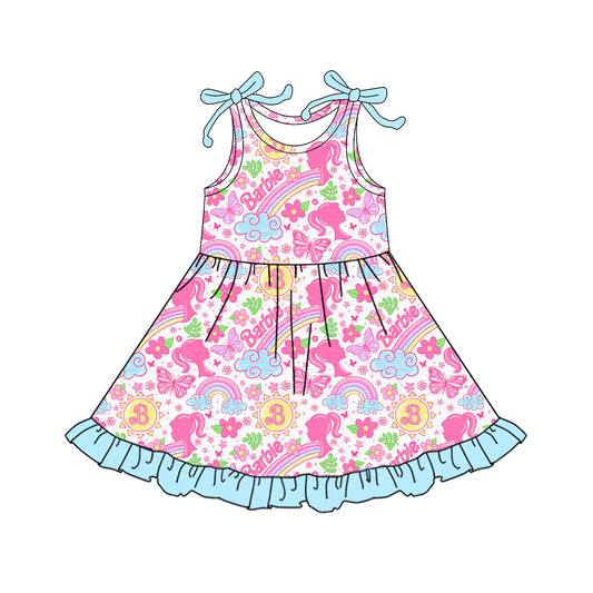 4.4 GSD2463 Baby Girls Strap Pink Flowers Cartoon Dolls Knee Length Dresses Pre order