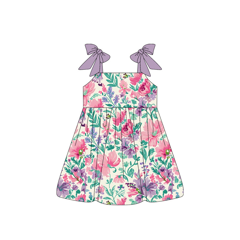 4.4 GSD2464 Baby Girls Bows Strap Lavender Pink Floral Knee Length Dresses Pre order