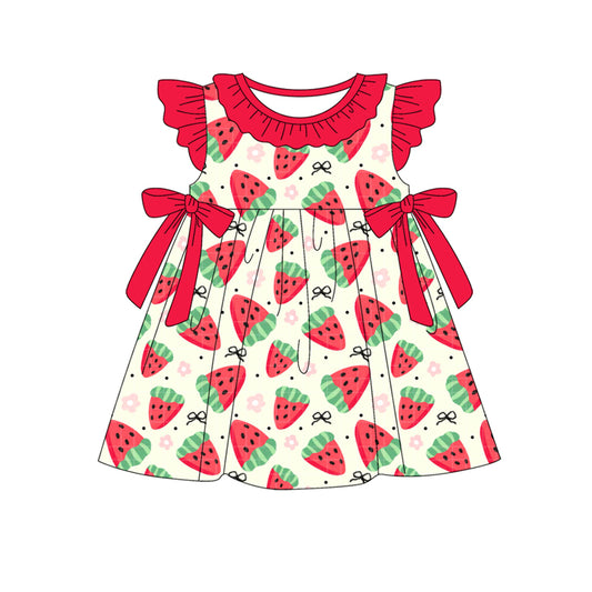4.4 GSD2465 Baby Girls Red Flutter Sleeves Flowers Strawberry Knee Length Dresses Pre order