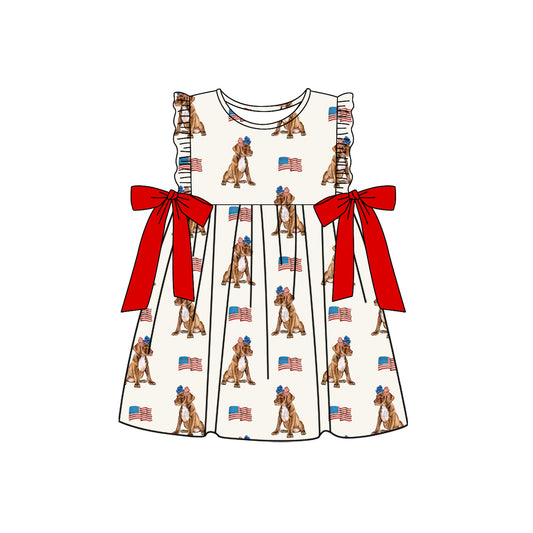 4.4 GSD2466 Baby Girls Sleeveless Dogs Flags 4th Of July Knee Length Dresses Pre order