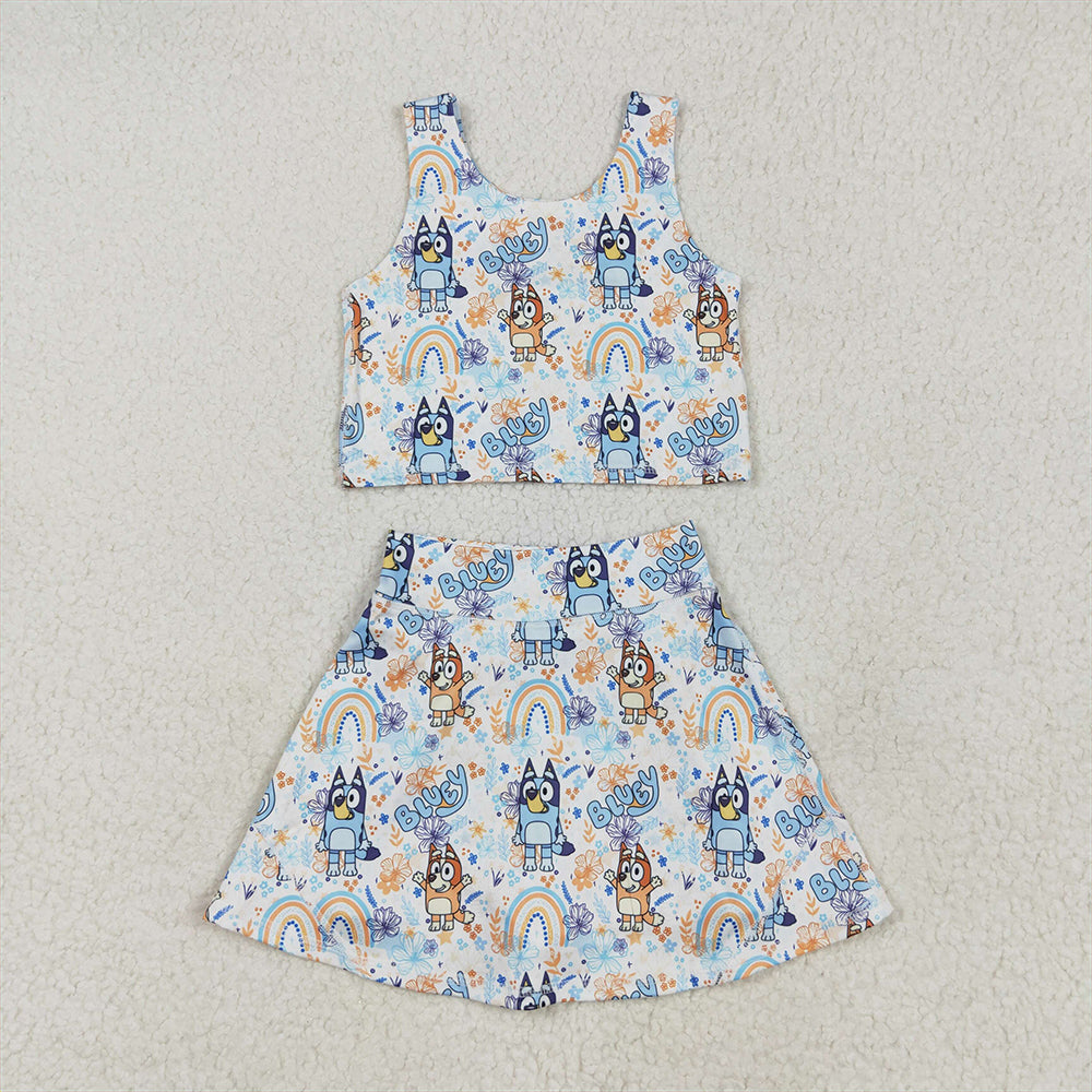 RTS NO MOQ Baby Girls Summer Kids Sets GSD2469 Sleeveless Dogs Rainbows Top Skort Yoga Sets