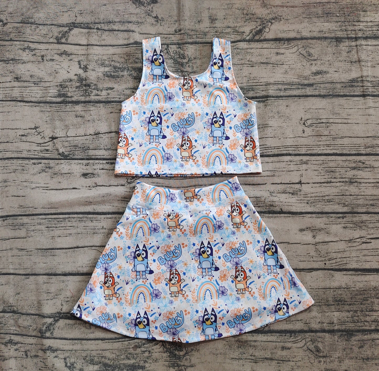 4.18 GSD2469 Baby Girls Sleeveless Cartoon Dogs Rainbows Top Skort Yoga Set Pre order