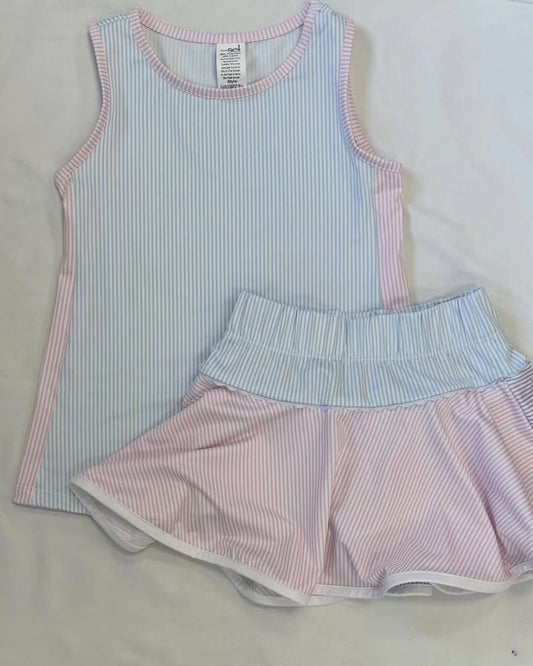 4.8 GSD2470 Baby Girls Sleeveless Blue Stripe Top Skort Yoga Set Pre order