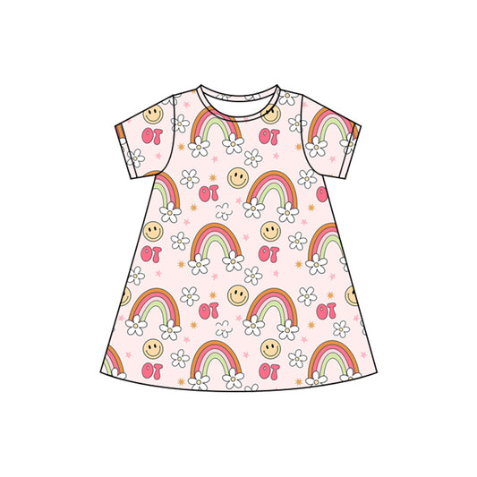 4.8 GSD2478 Baby Girls Pink Short Sleeves Smiles Rainbows Flowers Knee Length Dresses Pre order