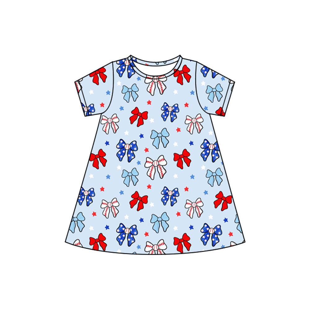 4.8 GSD2480 Baby Girls Short Sleeves Blue Red Bows Stars 4th Of July Knee Length Dresses Pre order