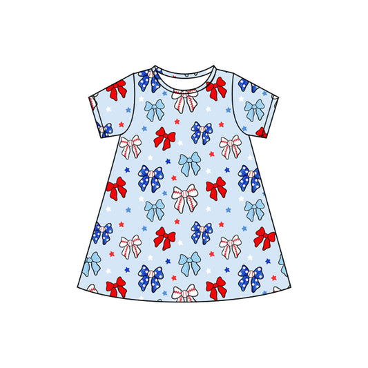 4.8 GSD2480 Baby Girls Short Sleeves Blue Red Bows Stars 4th Of July Knee Length Dresses Pre order