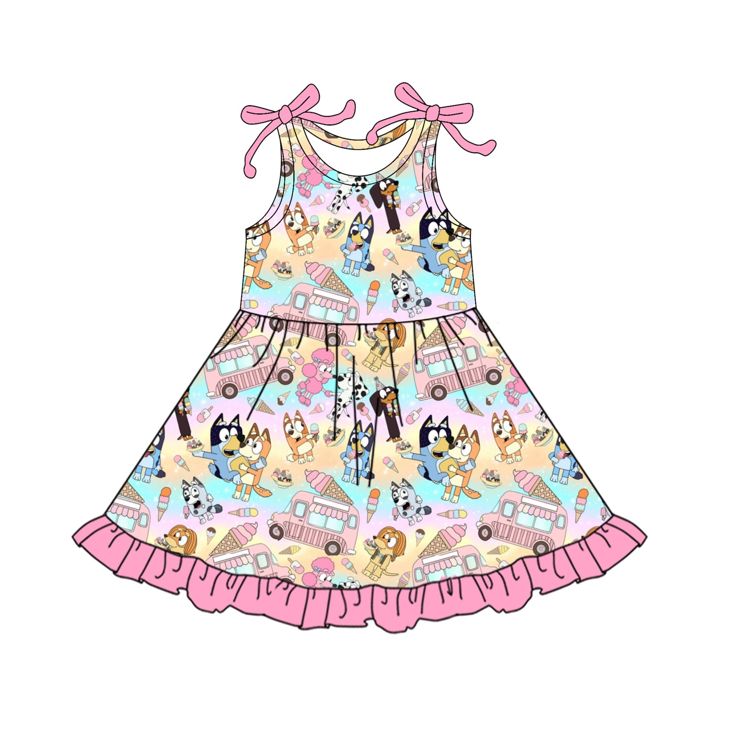 4.11 GSD2485 Baby Girls Pink Bows Sleeveless Cartoon Dogs Ice Cream Knee Length Dresses Pre order