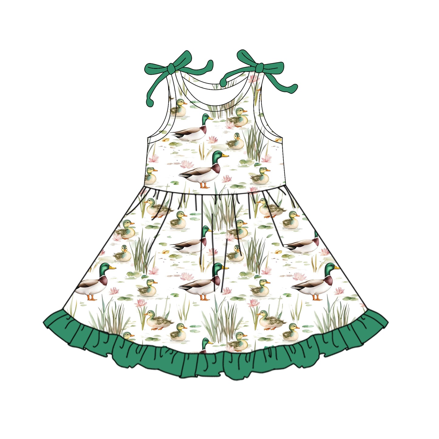 4.11 GSD2486 Baby Girls Green Bows Sleeveless Ducks Knee Length Dresses Pre order