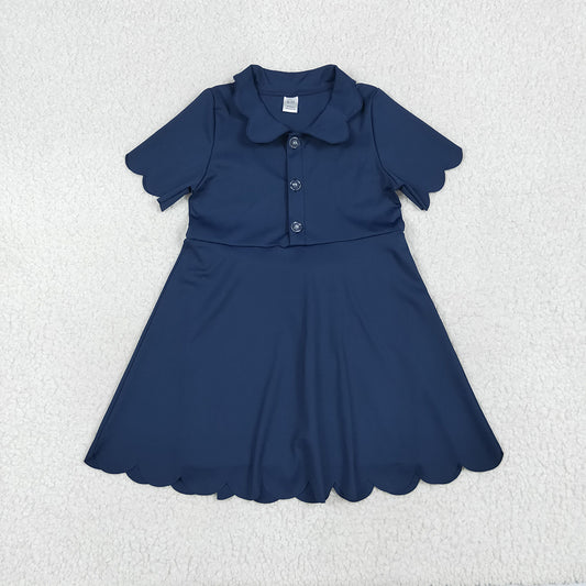 6.23 RTS NO MOQ Summer Baby Girls Dresses GSD2487 Navy Short Sleeves Button Yoga Knee Length Dresses