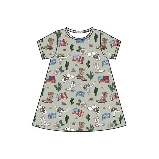 4.11 GSD2499 Baby Girls July 4th Western Flag Teal Skulls Short Sleeve Dress Pre order