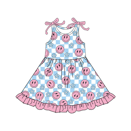 4.15 GSD2506 Pink sleeveless smile plaid floral ruffle kids girls dresses pre order