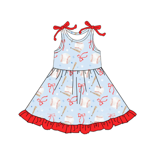 4.15 GSD2507 Baby Girls Sleeveless Bows Baseballs Knee Length Dress Pre order