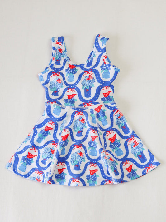 4.15 GSD2512 Baby Girls Sleeveless Floral Flags 4th Of July Knee Length Dresses Pre order