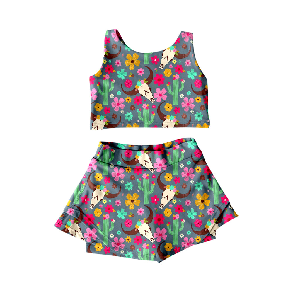 4.17 GSD2519 Baby Girls Sleeveless Colorful Flowers Bull Skull Top Shorts Skirts Yoga Outfits Pre order