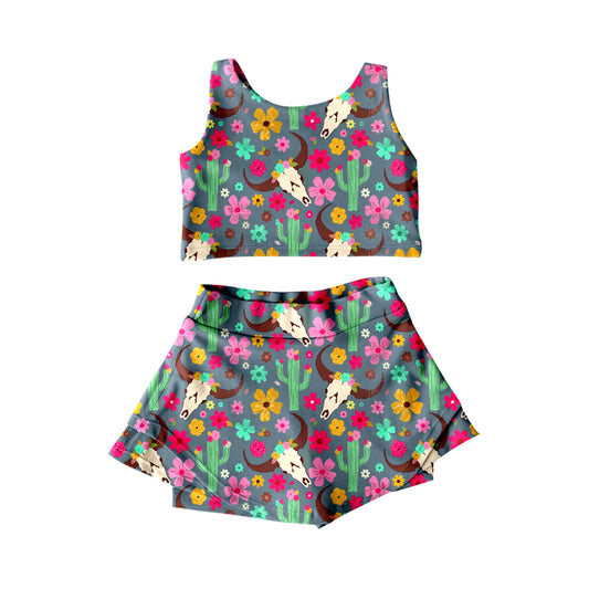 4.17 GSD2519 Baby Girls Sleeveless Colorful Flowers Bull Skull Top Shorts Skirts Yoga Outfits Pre order