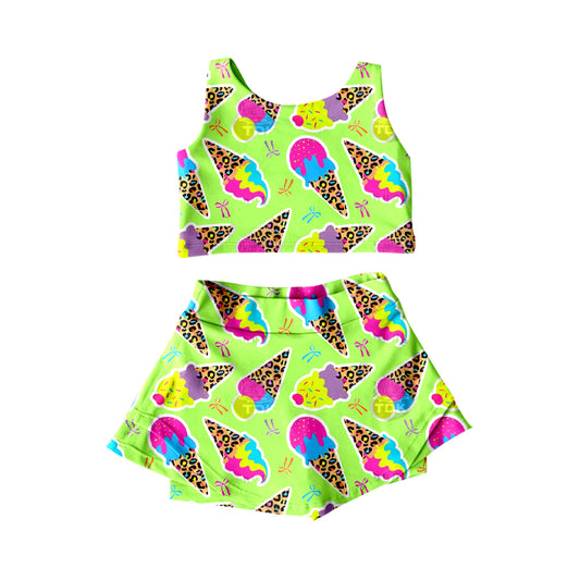 4.17 GSD2520 Baby Girls Green Sleeveless Colorful Leopard Ice Cream Top Shorts Skirts Yoga Outfits Pre order