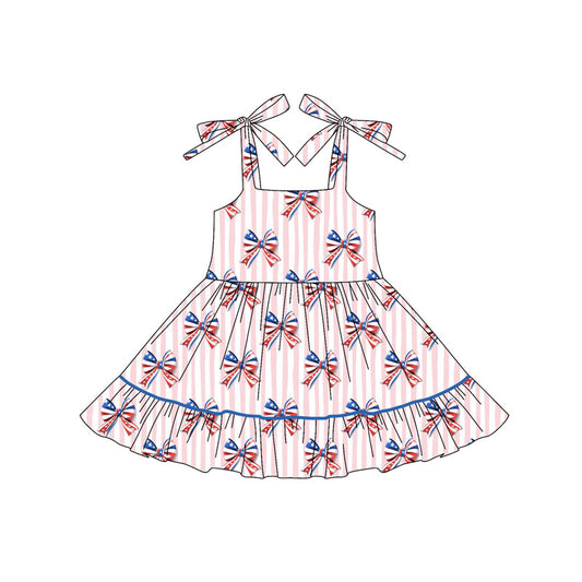 4.16 GSD2524 Baby Girls Pink Stripe Strap Blue Red Bows 4th Of July Knee Length Dress Pre order