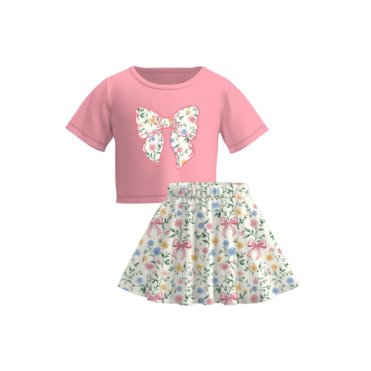 4.18 GSD2526 Baby Girls Pink Short Sleeves Floral Bow Top Skorts Set Pre order