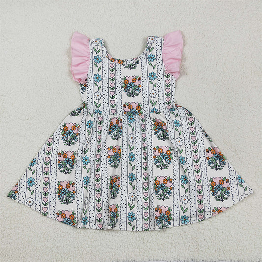 5.26 RTS NO MOQ Summer Baby Girls Dresses GSD2527 Pink Flutter Sleeves Floral Stripe Knee Length Dresses