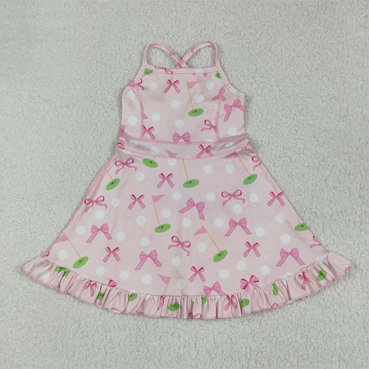 6.11 RTS NO MOQ Summer Baby Girls Dresses GSD2568  Strap Pink Bows Golf Flags Activity Wear Yoga Knee Length Dresses