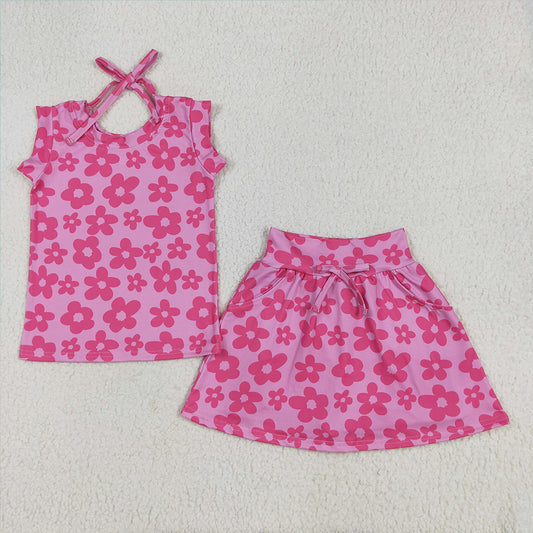 6.10 RTS NO MOQ Baby Girls Summer Sets GSD2583 Sleeveless Hot Pink Flowers Top Pockets Short Skirts Sets