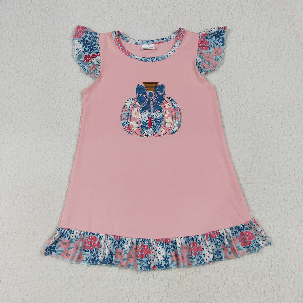 7.1 RTS NO MOQ Summer Baby Girls Dresses GSD2585 Pink Flutter Sleeves Floral Pumpkin Ruffle Knee Length Dresses