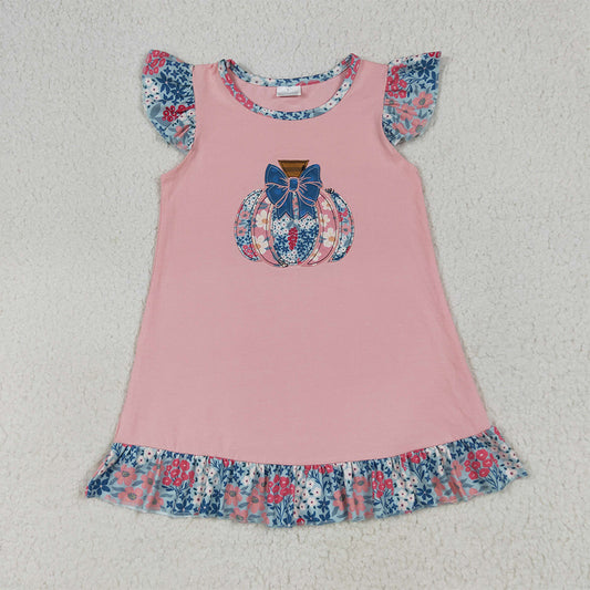 7.1 RTS NO MOQ Summer Baby Girls Dresses GSD2585 Pink Flutter Sleeves Floral Pumpkin Ruffle Knee Length Dresses
