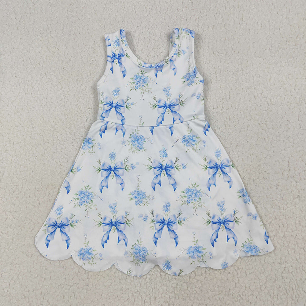 6.16 RTS NO MOQ Summer Baby Girls Dresses GSD2587 Blue Bows Floral Activity Wear Yoga Short Skort Knee Length Dresses