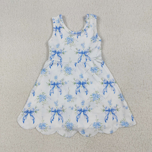 6.16 RTS NO MOQ Summer Baby Girls Dresses GSD2587 Blue Bows Floral Activity Wear Yoga Short Skort Knee Length Dresses