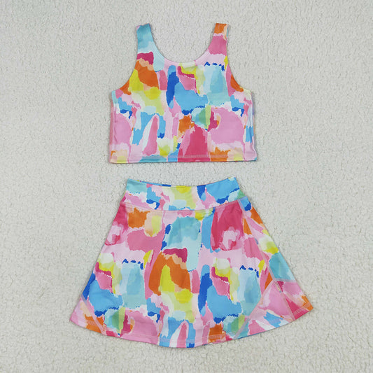 6.24 RTS NO MOQ Baby Girls Summer Kids Sets GSD2625 Sleeveless Watercolor Tie Dye Vest Top Short Skirts Yoga Sets
