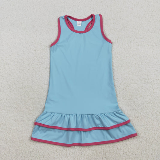 7.18 RTS NO MOQ Summer Baby Girls Dresses GSD2631 Blue Sleeveless Ruffle Yoga Knee Length Dresses