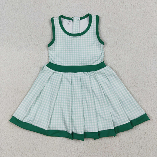 7.15 RTS NO MOQ Summer Baby Girls Dresses GSD2632 Green Plaid Sleeveless Ruffle Short Yoga Knee Length Dresses